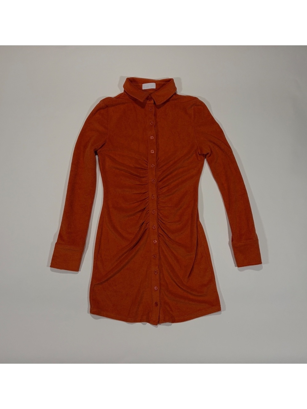 Long Sleeve Mini Dress Terry Cloth Orange Ruched Waist Button Closure